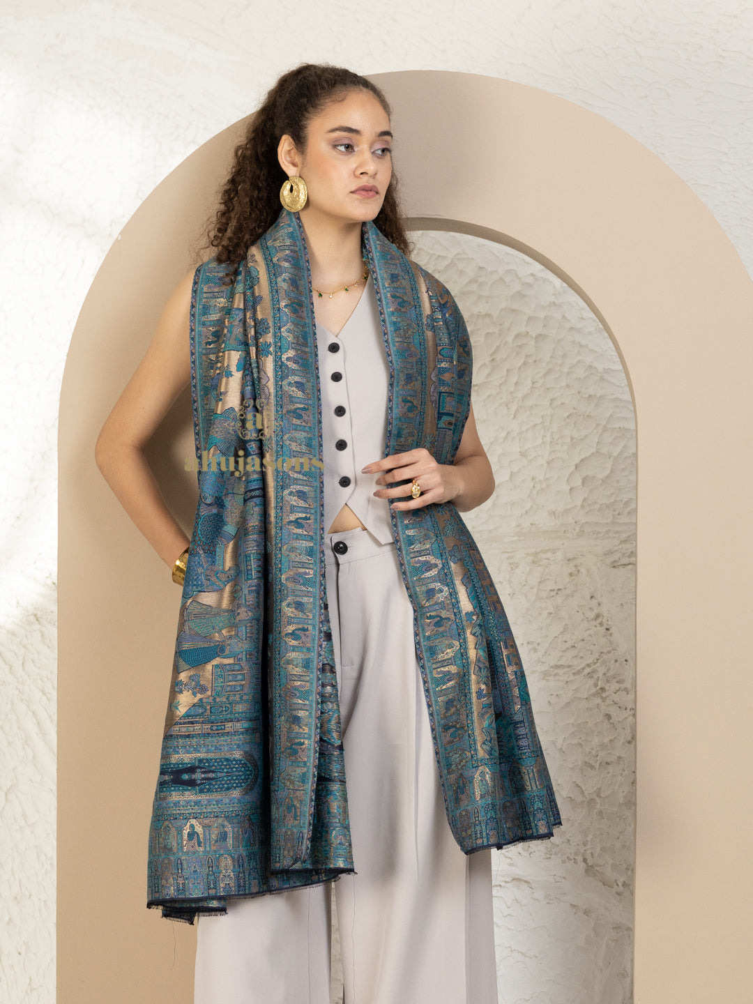 Blue Woollen Shawl — Kaani Weave With Zari Woollen in sublime finish