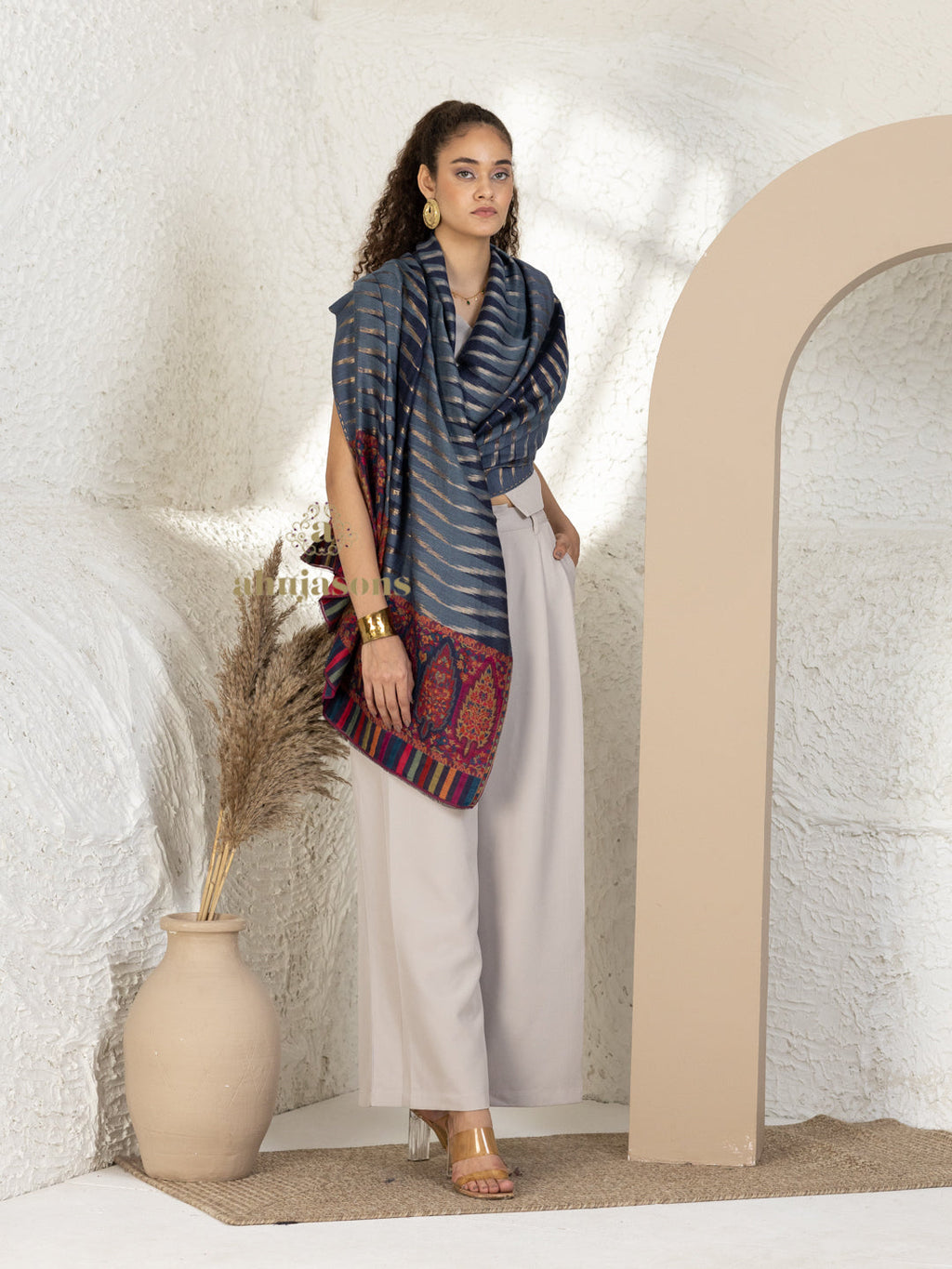 Blue Woollen Shawl featuring signature Kaani