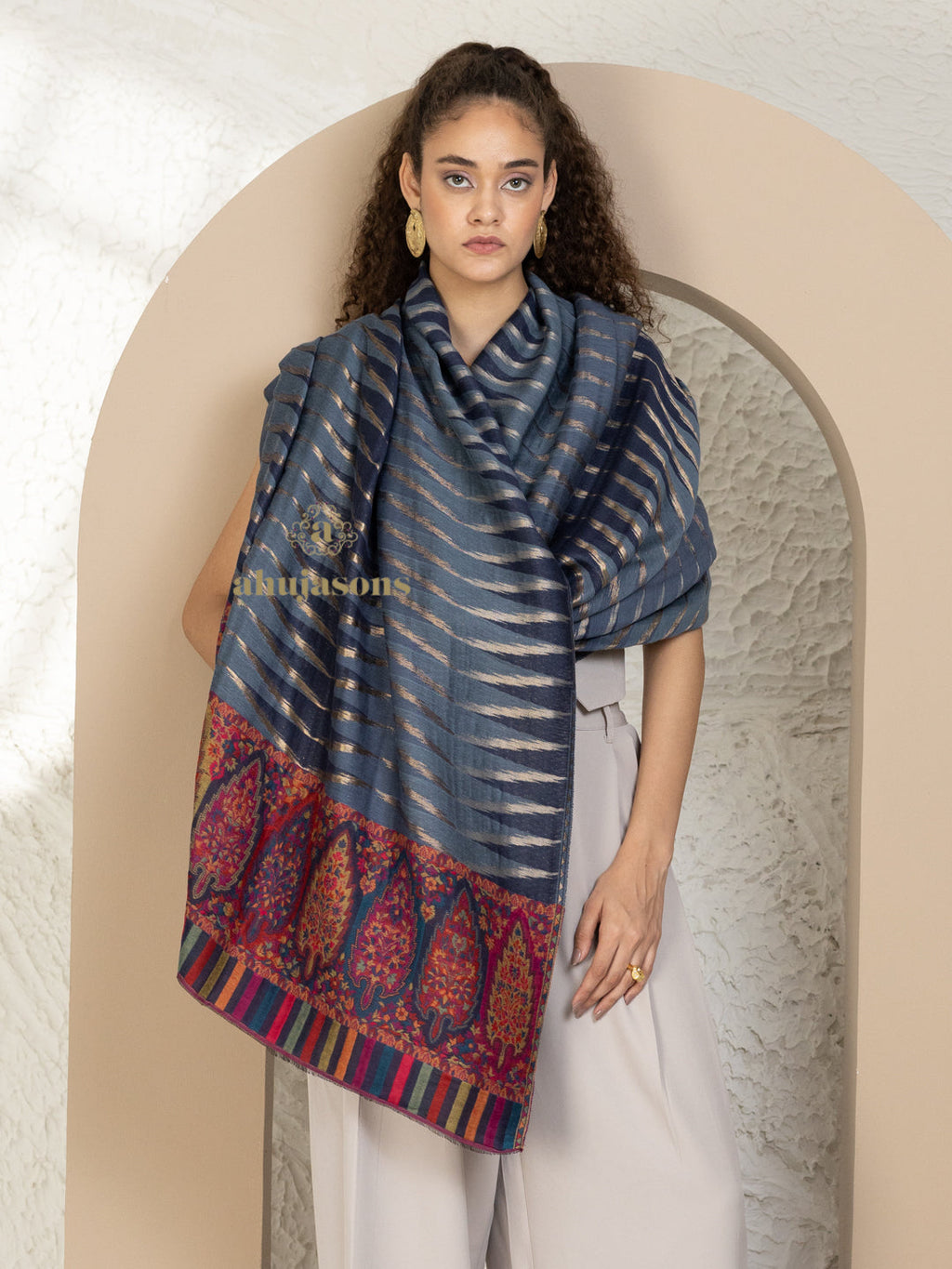 Blue Woollen Shawl featuring signature Kaani