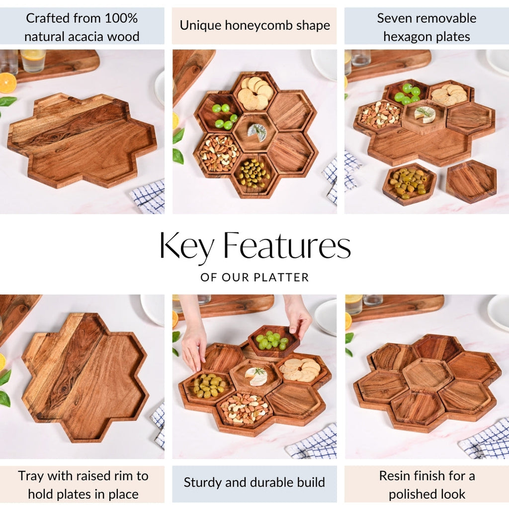 Acacia Honeycomb Wooden Platter Set of 8 For Party 38x38cm