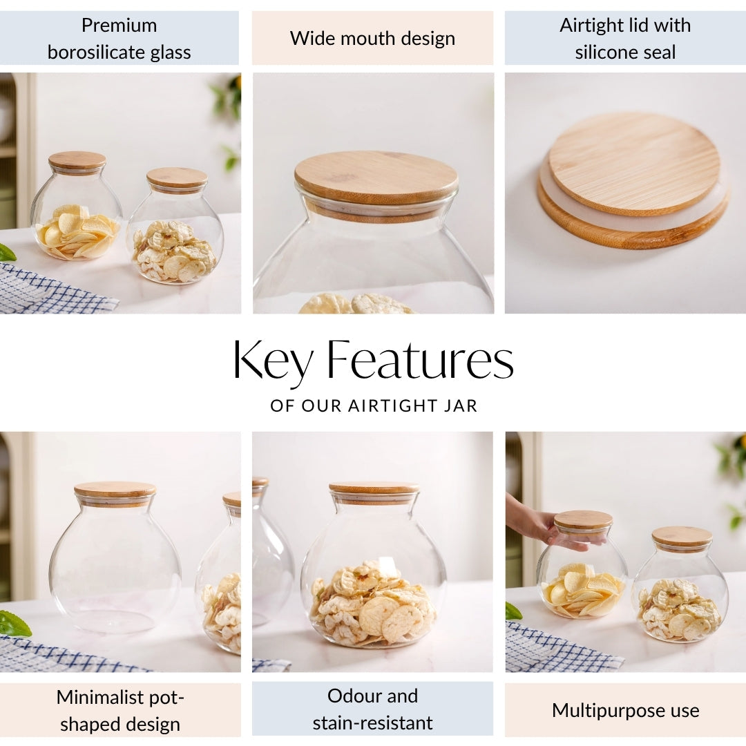 Round Shape Airtight Glass Jar Set Of 2 Large 1200ml