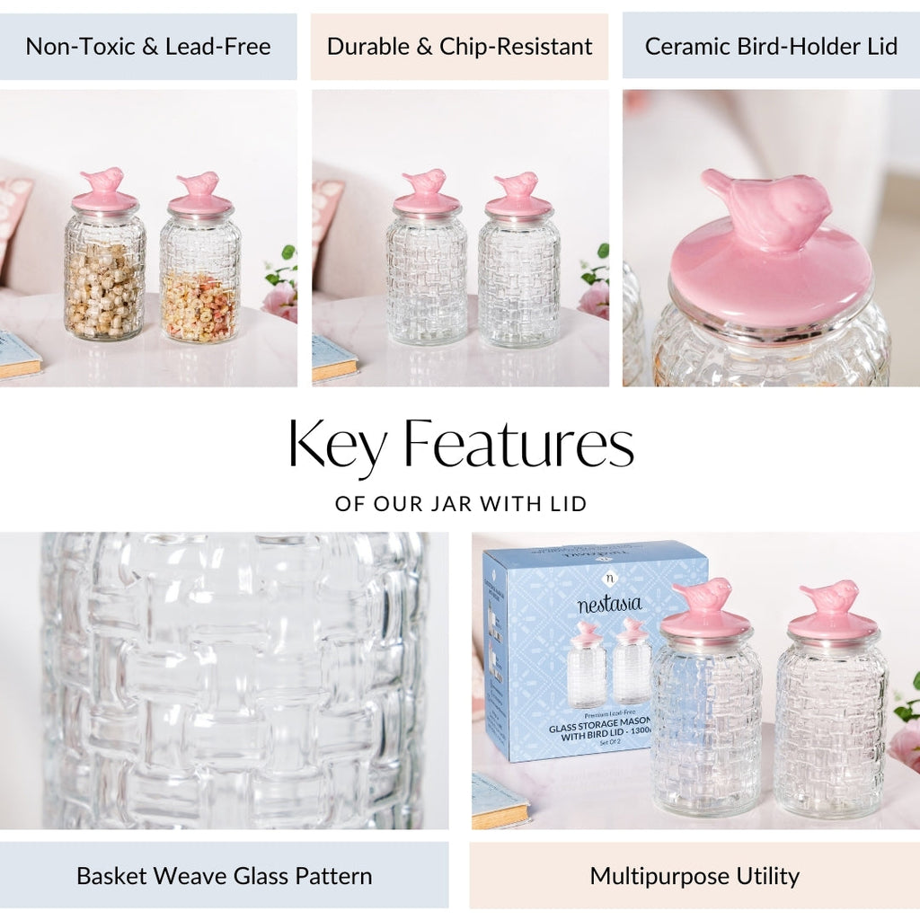 Airtight Glass Jar With Pink Bird Ceramic Lid Set Of 2 1300ml