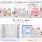 Airtight Glass Jar With Pink Bird Ceramic Lid Set Of 2 1300ml