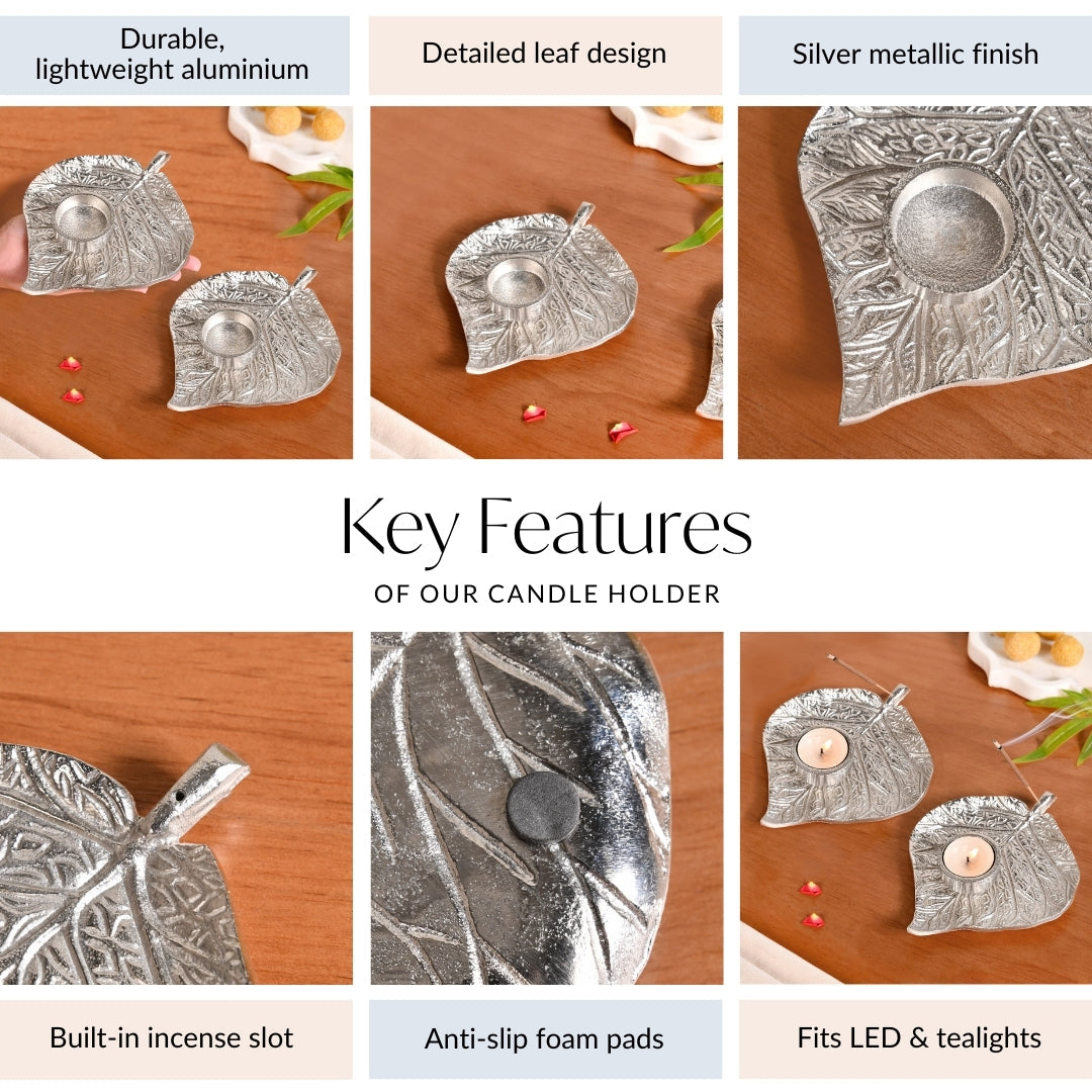Aesthetic Leaf Tealight And Agarbatti Holder Set Of 2 In Festive Gift Box