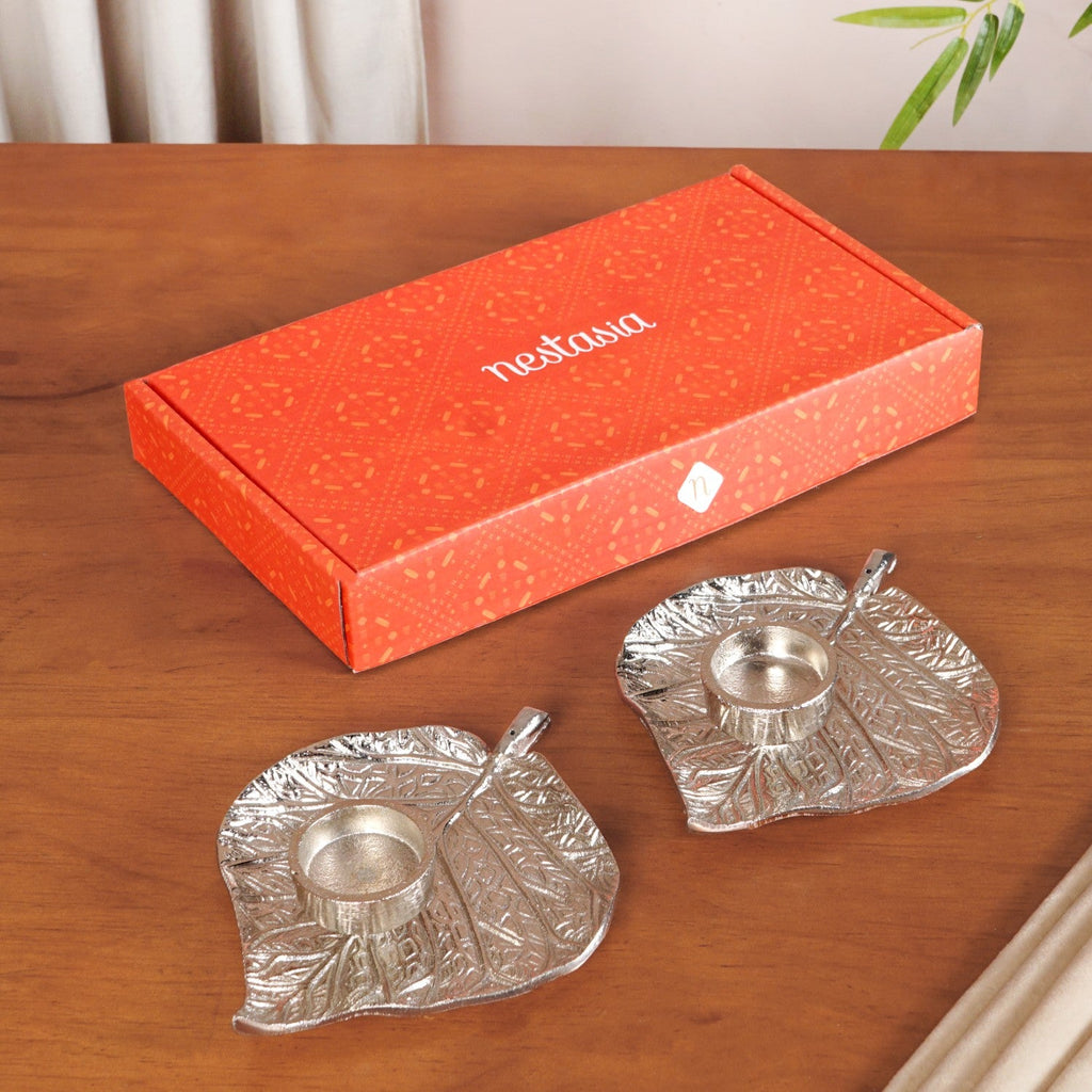 Aesthetic Leaf Tealight And Agarbatti Holder Set Of 2 In Festive Gift Box
