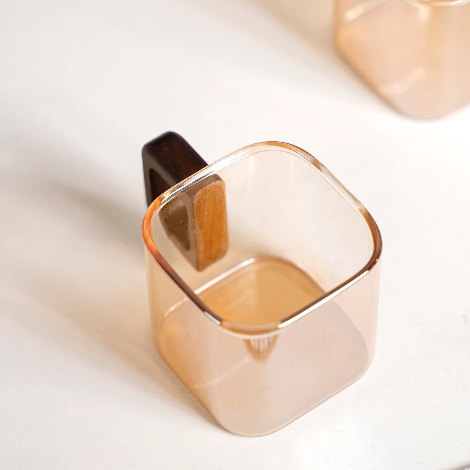 Amber Tinted Square Cups With Wooden Handle Set Of 4 200ml