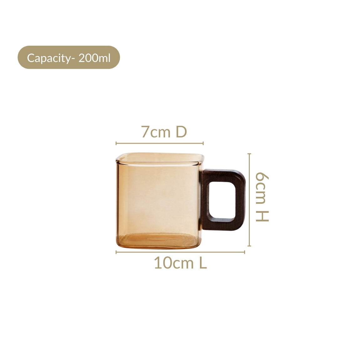 Amber Tinted Square Cups With Wooden Handle Set Of 4 200ml