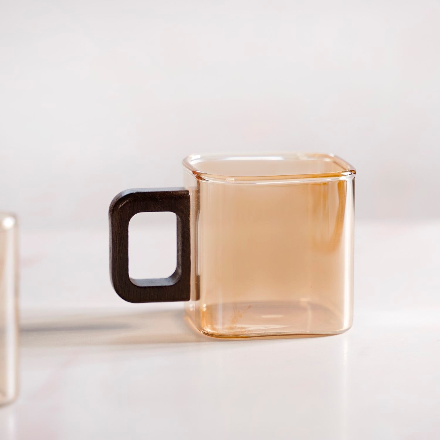 Amber Tinted Square Cups With Wooden Handle Set Of 4 200ml