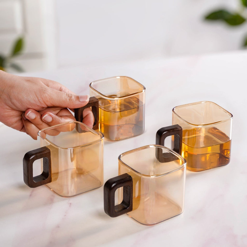 Amber Tinted Square Cups With Wooden Handle Set Of 4 200ml