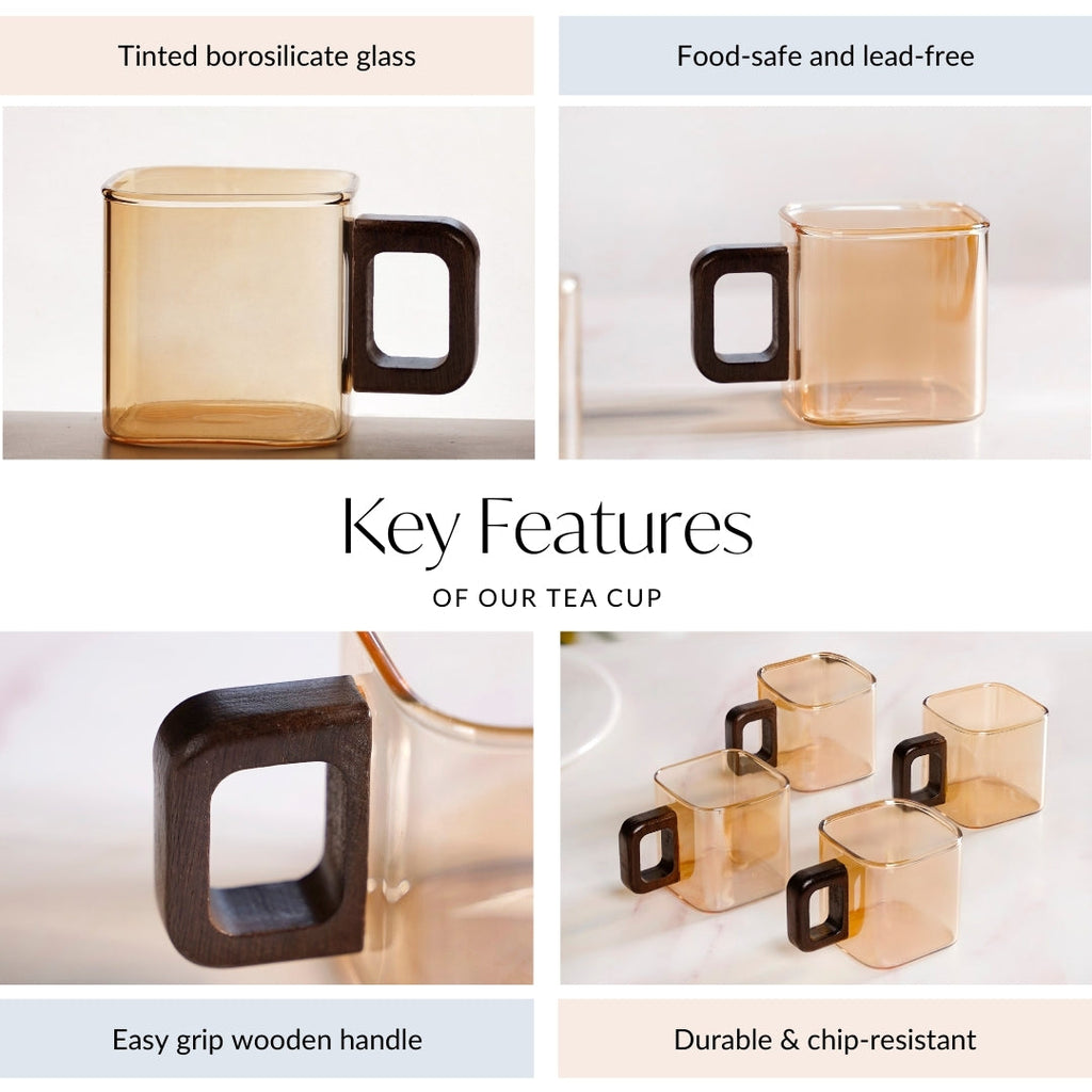 Amber Tinted Square Cups With Wooden Handle Set Of 4 200ml
