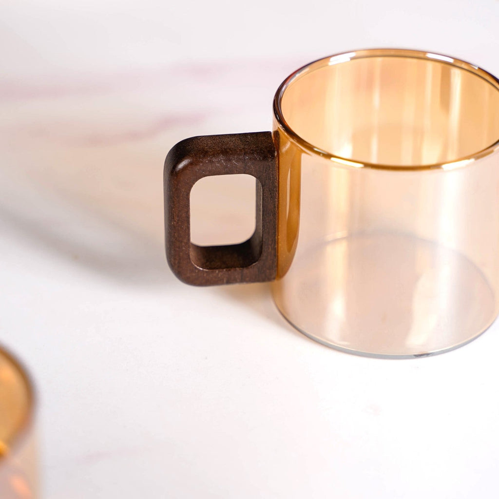Amber Tinted Tea Cups With Wooden Handle Set Of 4 200ml
