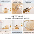 Amber Diamond Glass Jug with Bamboo Lid 1300ml