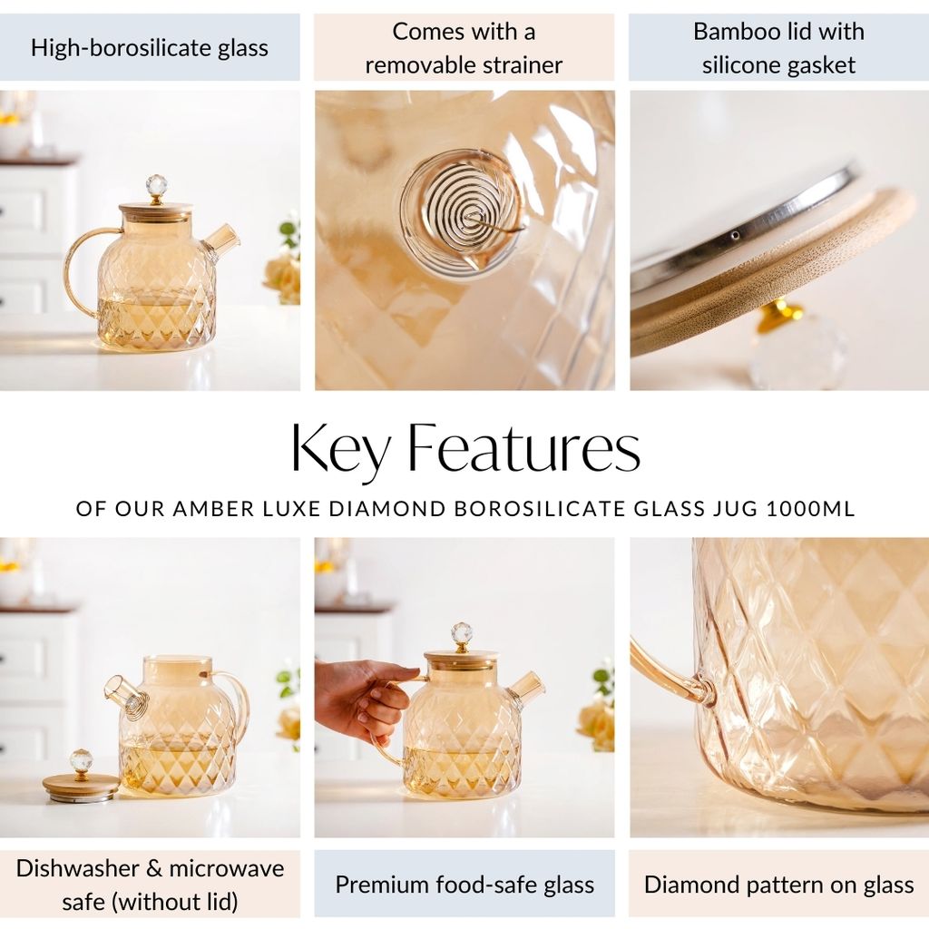 Amber Luxe Diamond Borosilicate Glass Jug 900ml