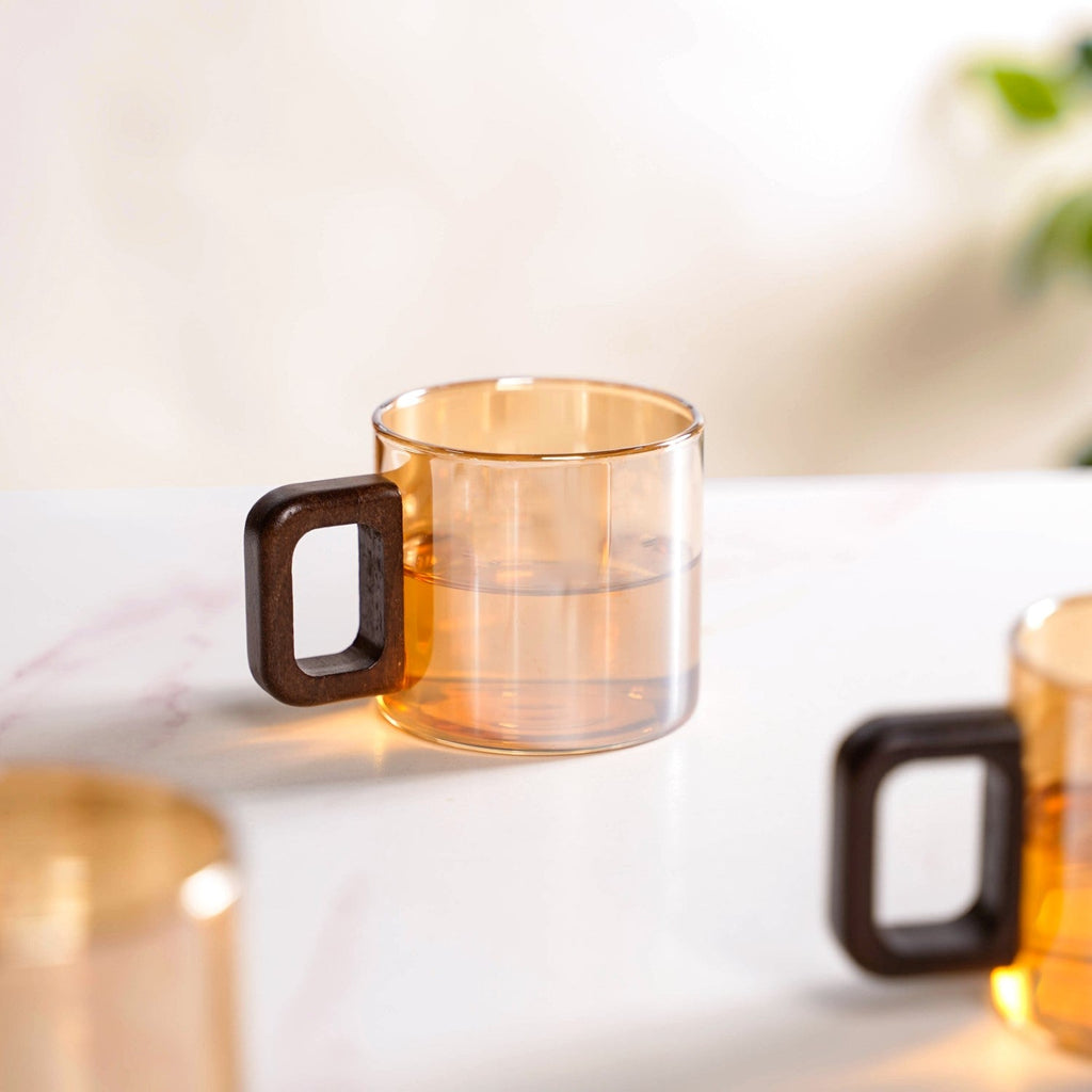 Amber Tinted Tea Cups With Wooden Handle Set Of 4 200ml