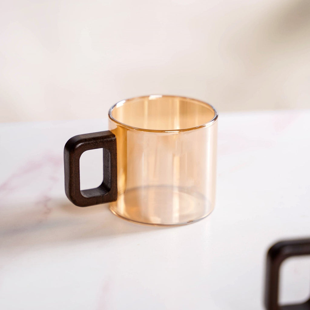 Amber Tinted Tea Cups With Wooden Handle Set Of 4 200ml