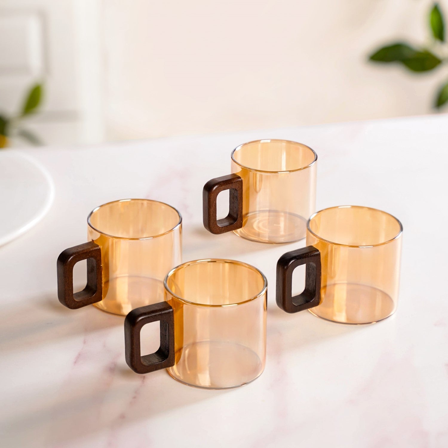 Amber Tinted Tea Cups With Wooden Handle Set Of 4 200ml