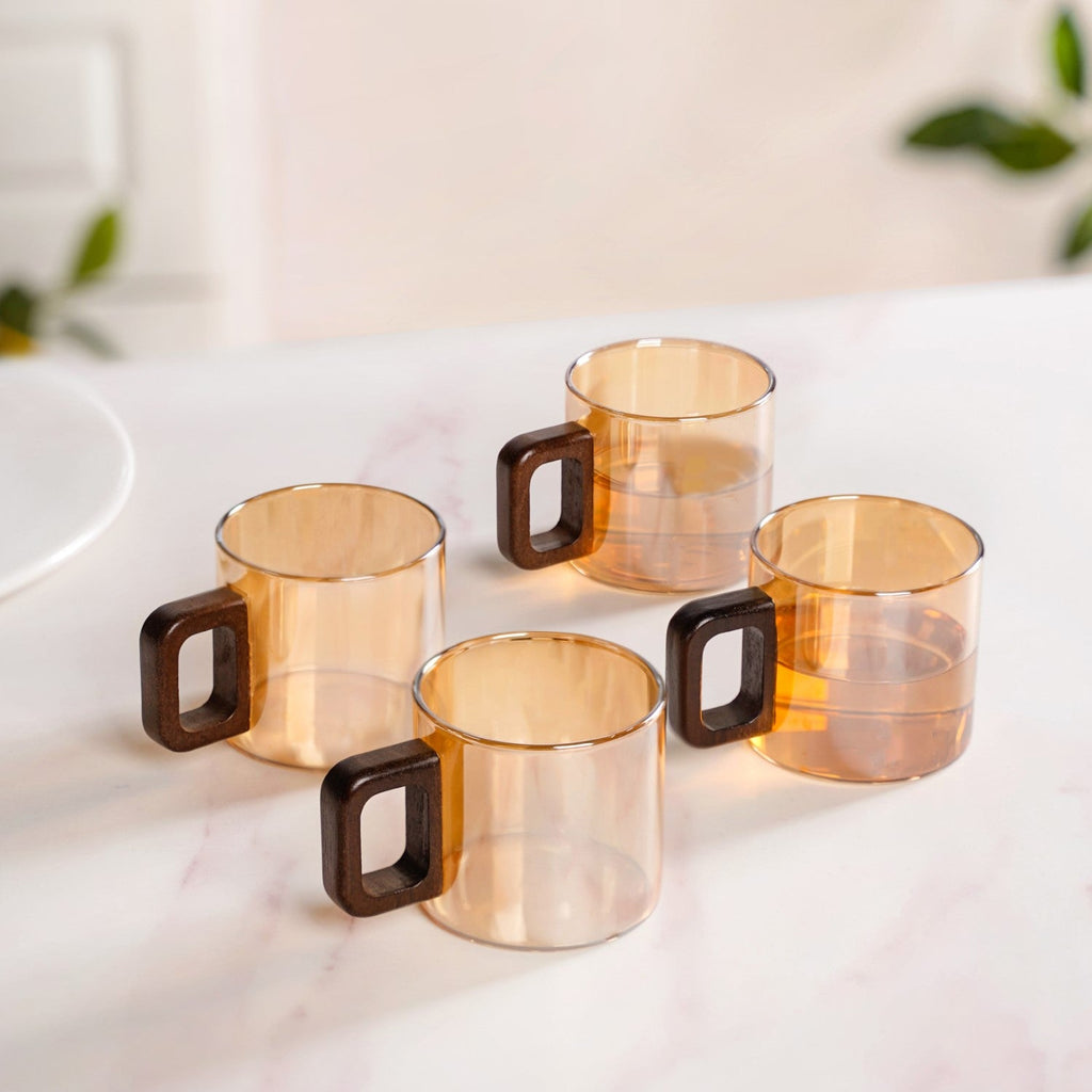 Amber Tinted Tea Cups With Wooden Handle Set Of 4 200ml