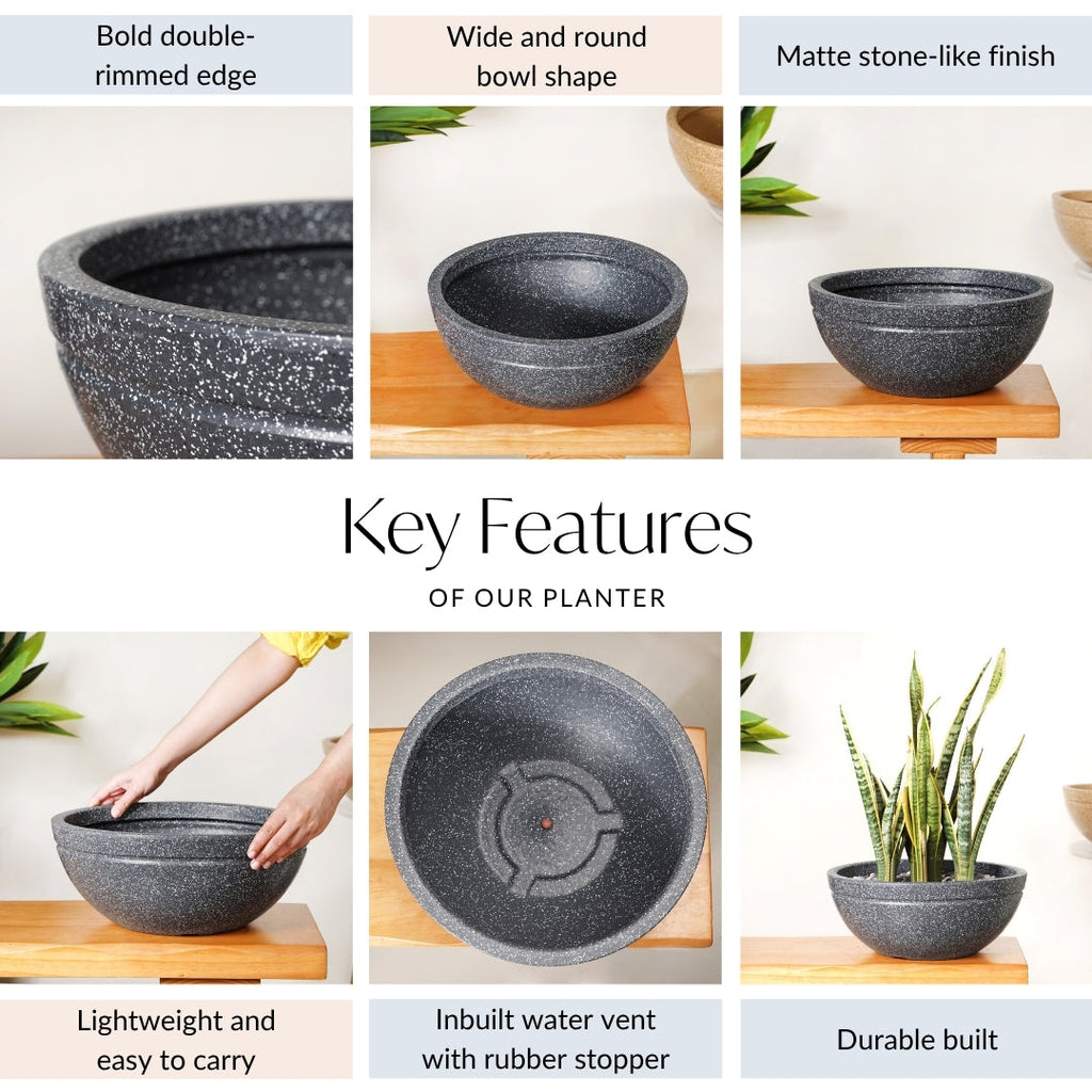 Planterra Granite Black Round Lotus Planter 15x7 Inch