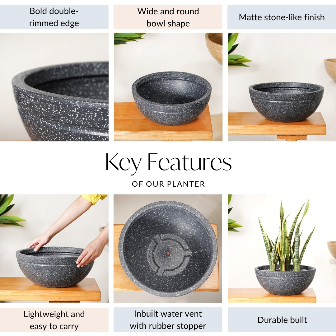 Planterra Granite Black Round Lotus Planter 15x7 Inch