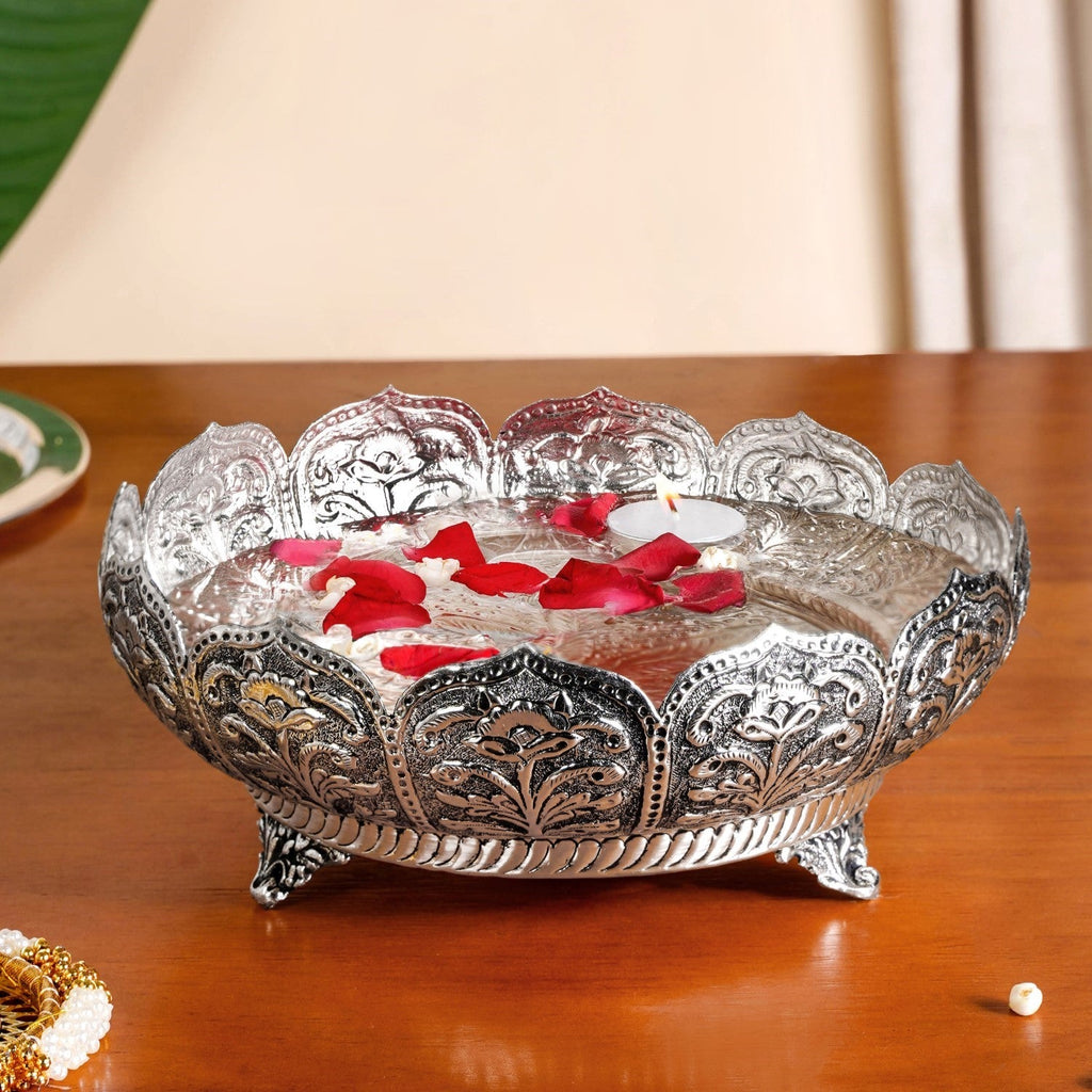 Antique Engraved Pure Brass Urli With Silver Polish 22cm