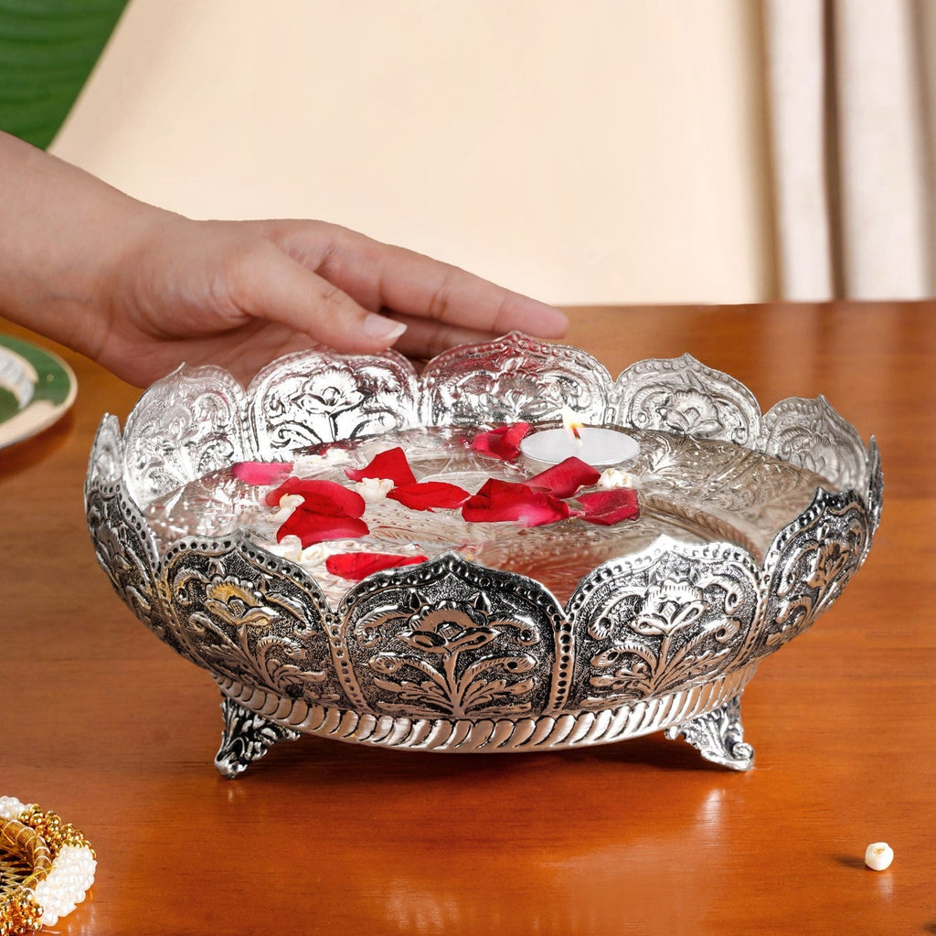 Antique Engraved Pure Brass Urli With Silver Polish 22cm