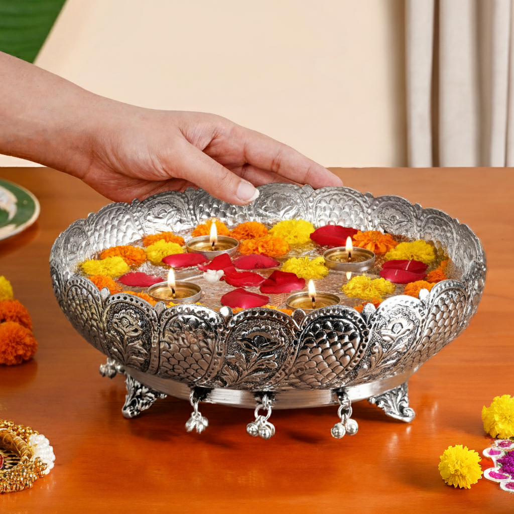 Antique Pure Brass Urli With Silver Polish For Temple 23cm