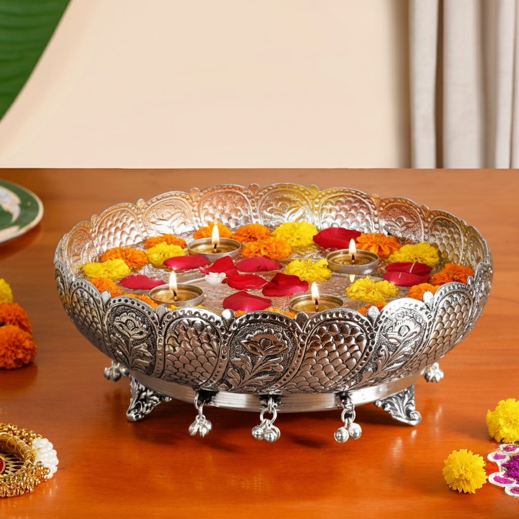 Antique Pure Brass Urli With Silver Polish For Temple 23cm