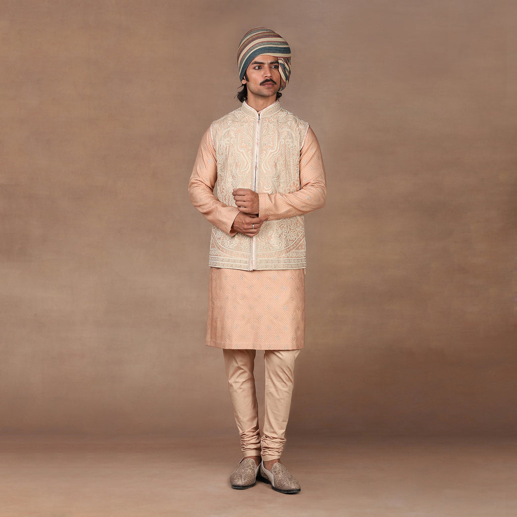 Apricot Peach Nehru Jacket Set | MURAQQA