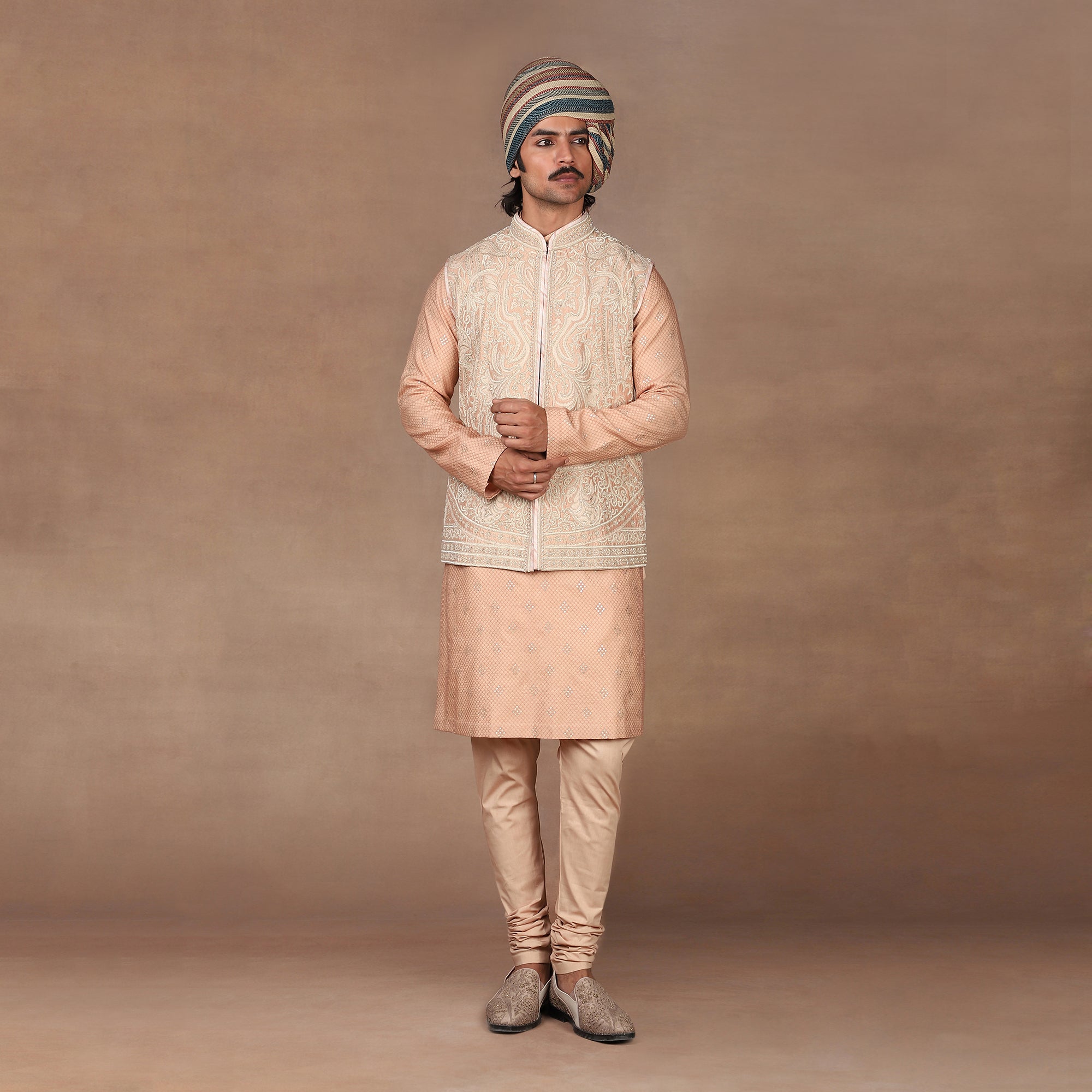 Apricot Peach Nehru Jacket Set | MURAQQA