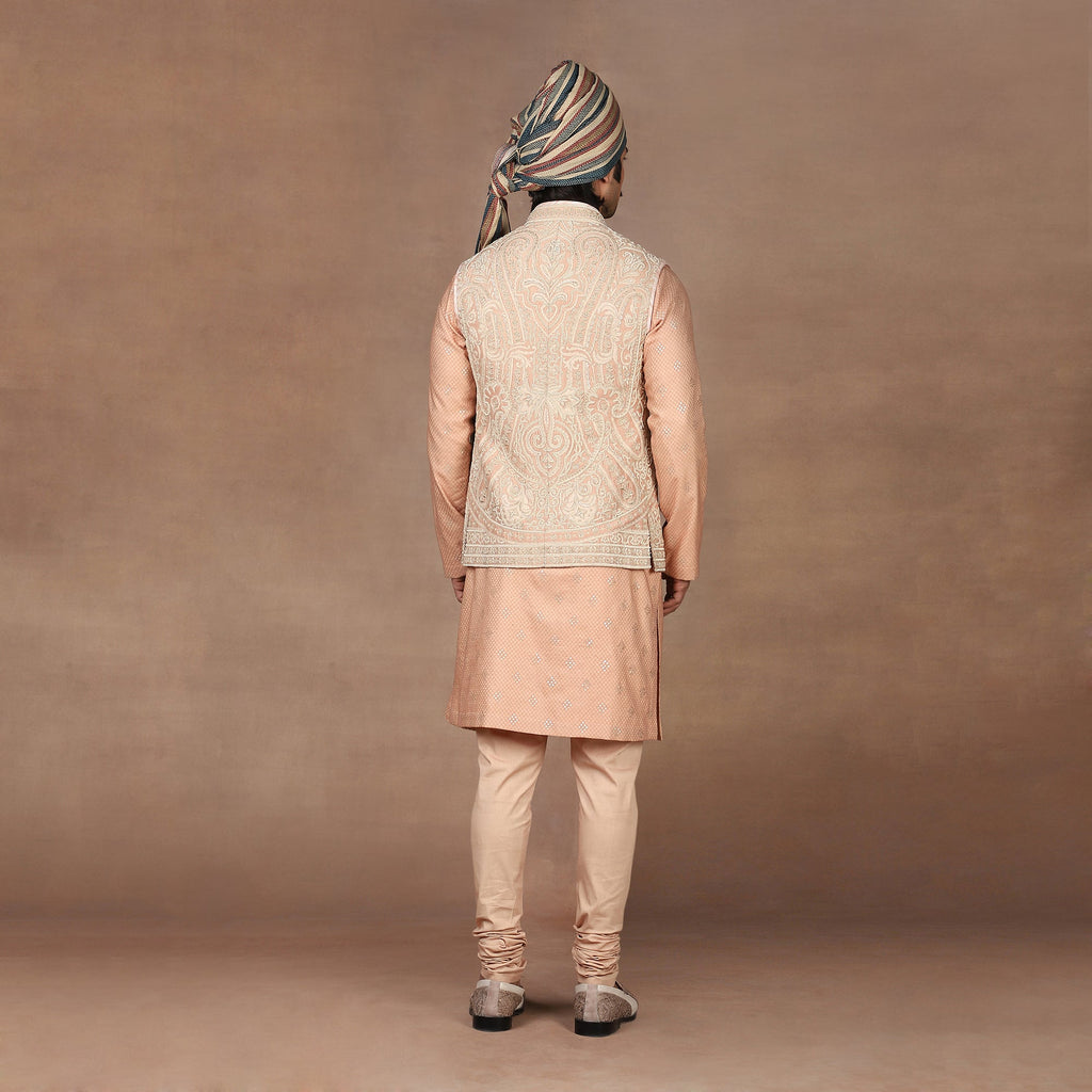 Apricot Peach Nehru Jacket Set | MURAQQA