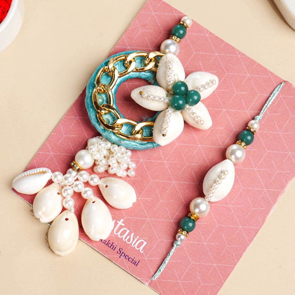 Aqua Shell Lumba Rakhi Set For Bhabhi And Brother