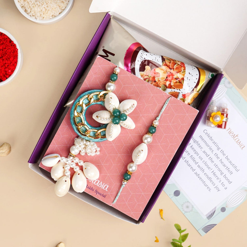 Aqua Shell Lumba Rakhi Set For Bhabhi And Brother