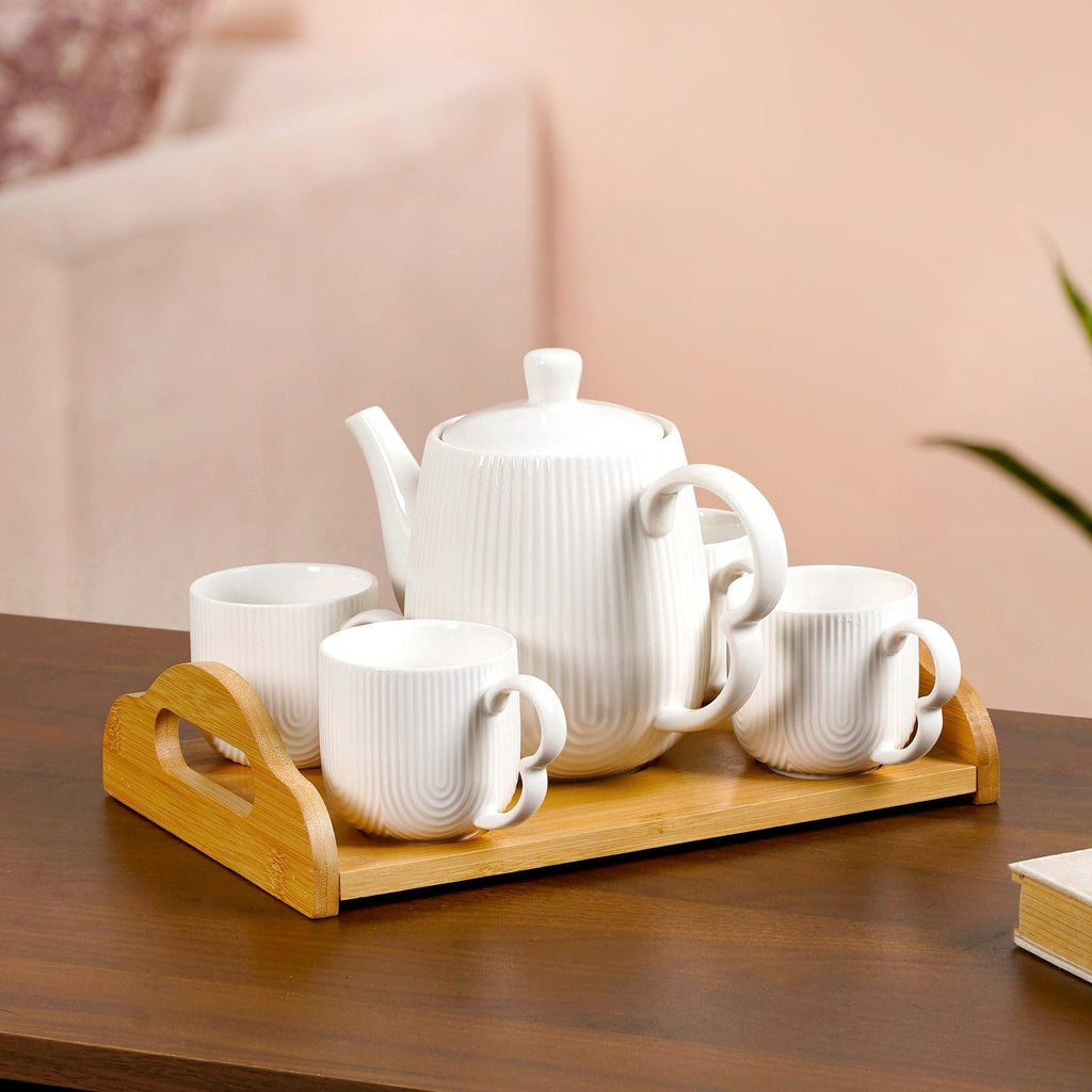 Art Deco Style Ceramic Tea Set With Wooden Serving Tray
