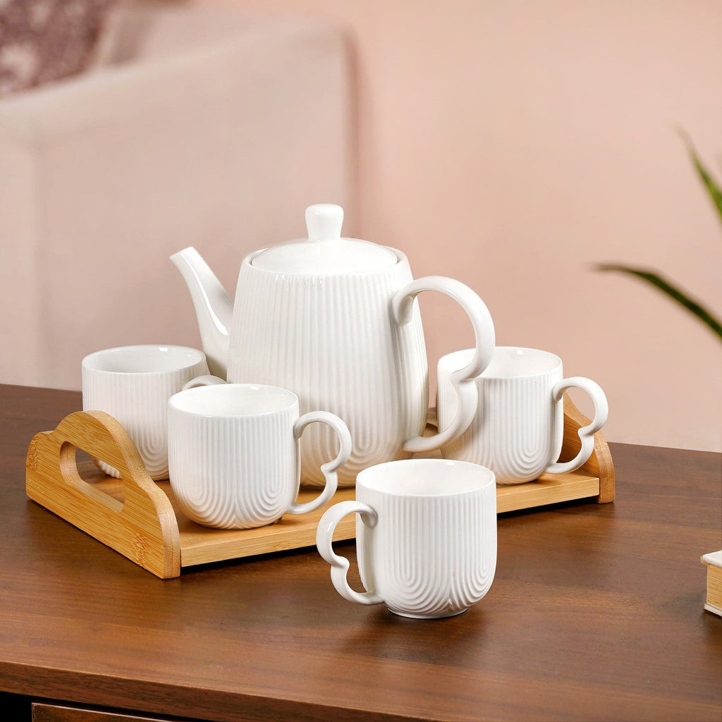 Art Deco Style Ceramic Tea Set With Wooden Serving Tray