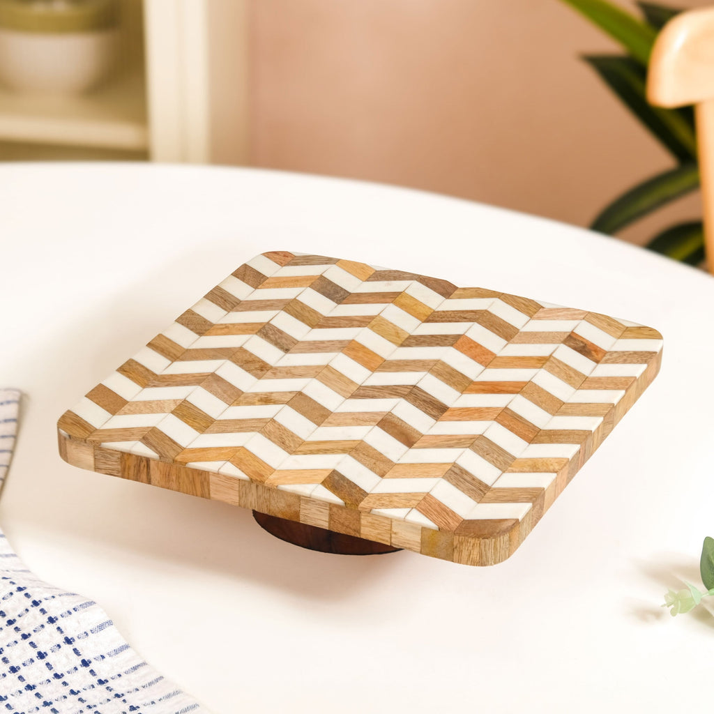 Artisanal Chevron Square Wooden Dessert Riser 26x26cm