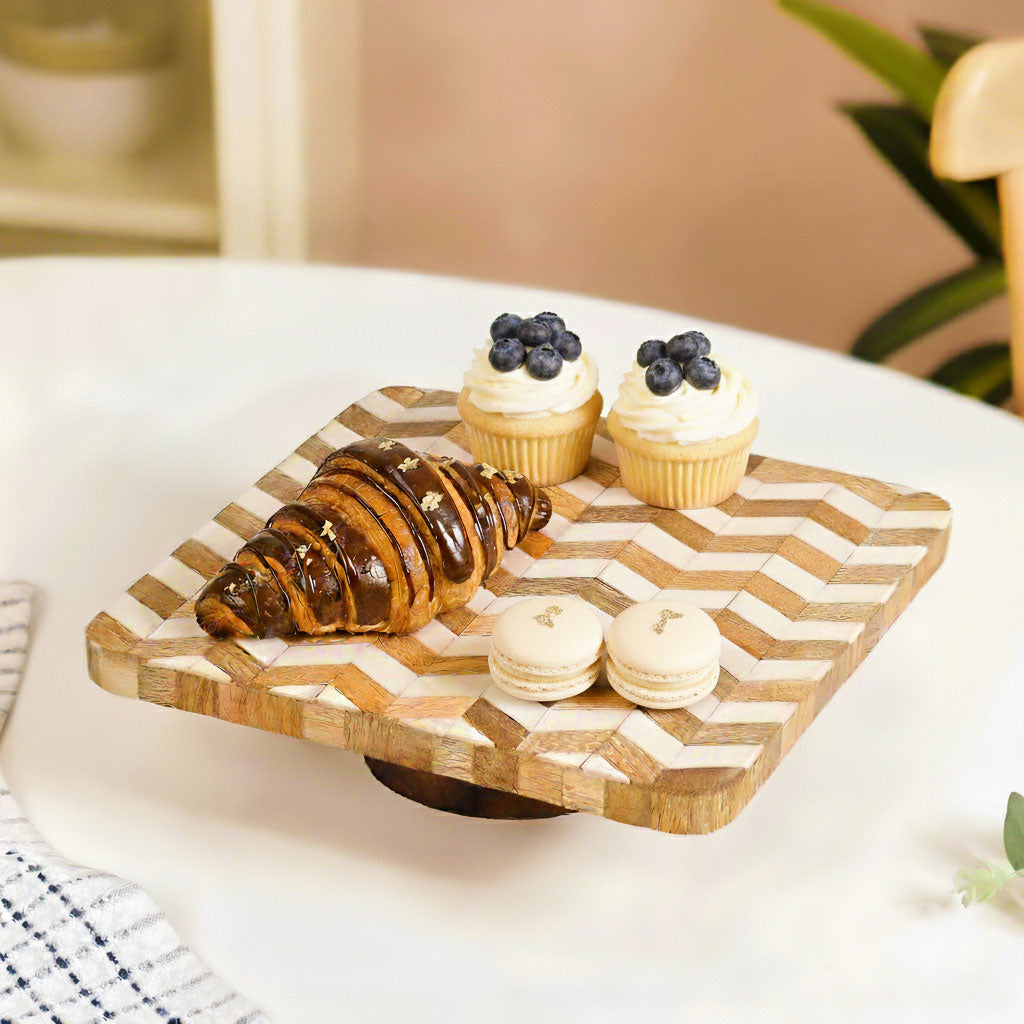 Artisanal Chevron Square Wooden Dessert Riser 26x26cm