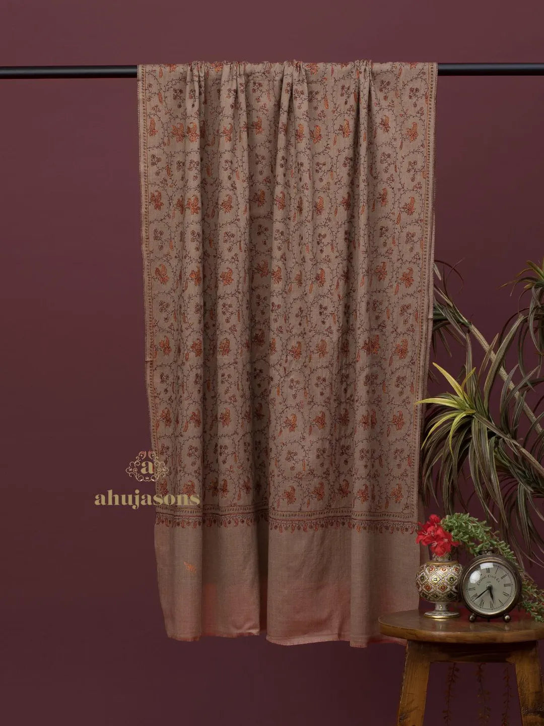 Classic Cashmina Shawl with Jaal Pattern in Beige