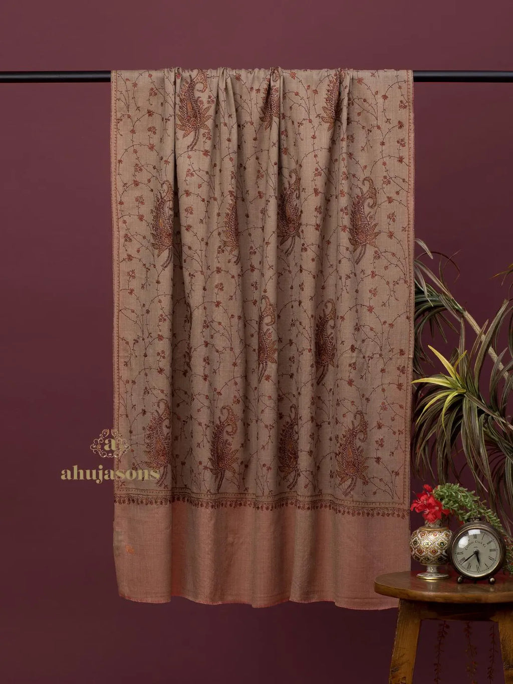 Classic Cashmina Shawl with Jaal Pattern in Beige