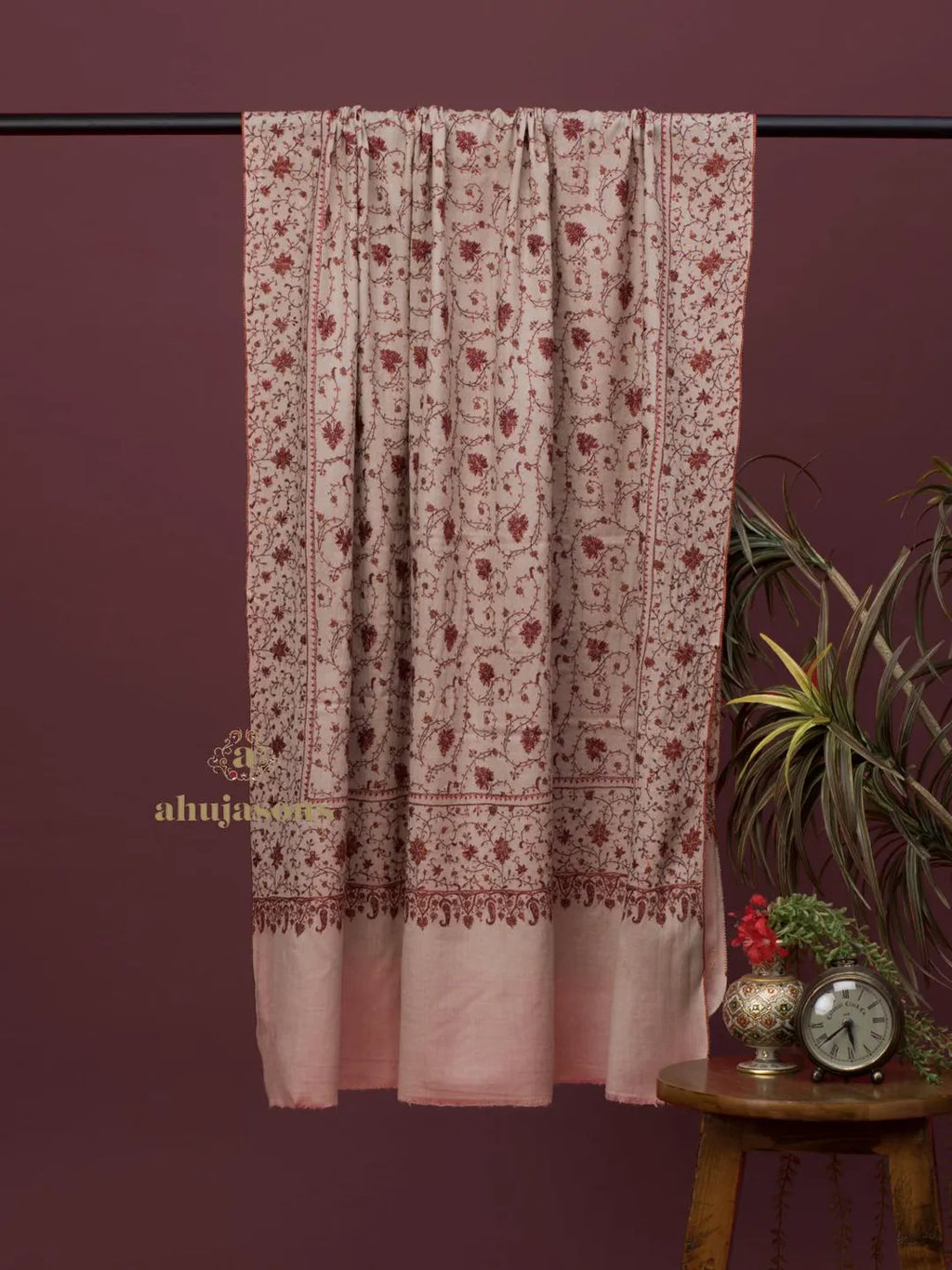 Classic Cashmina Shawl with Jaal Pattern in Beige