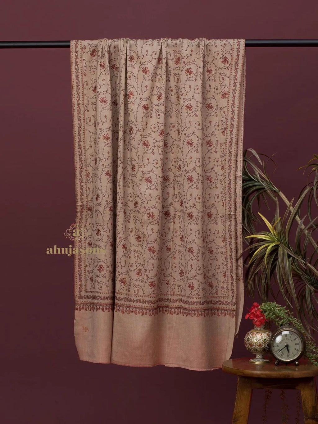 Classic Cashmina Shawl with Jaal Pattern in Beige