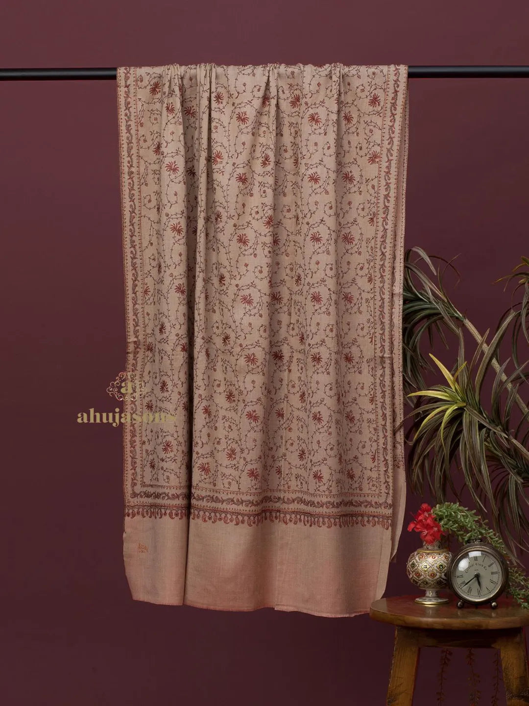 Classic Cashmina Shawl with Jaal Pattern in Beige