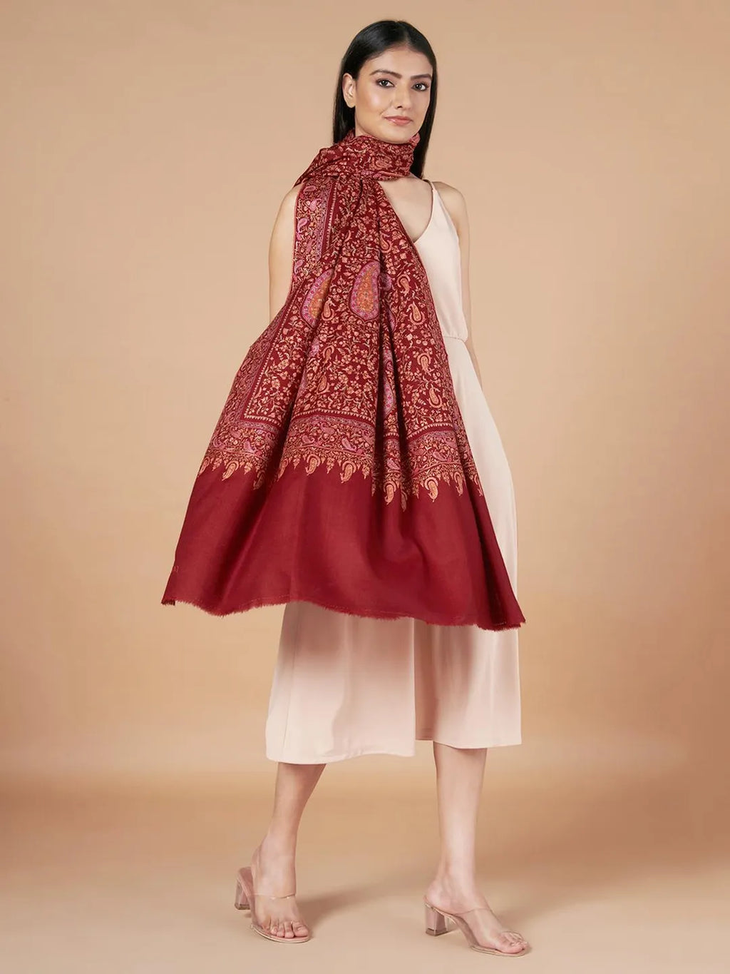 Classic Handloom Pashmina Shawl Jama Embroidery in Maroon