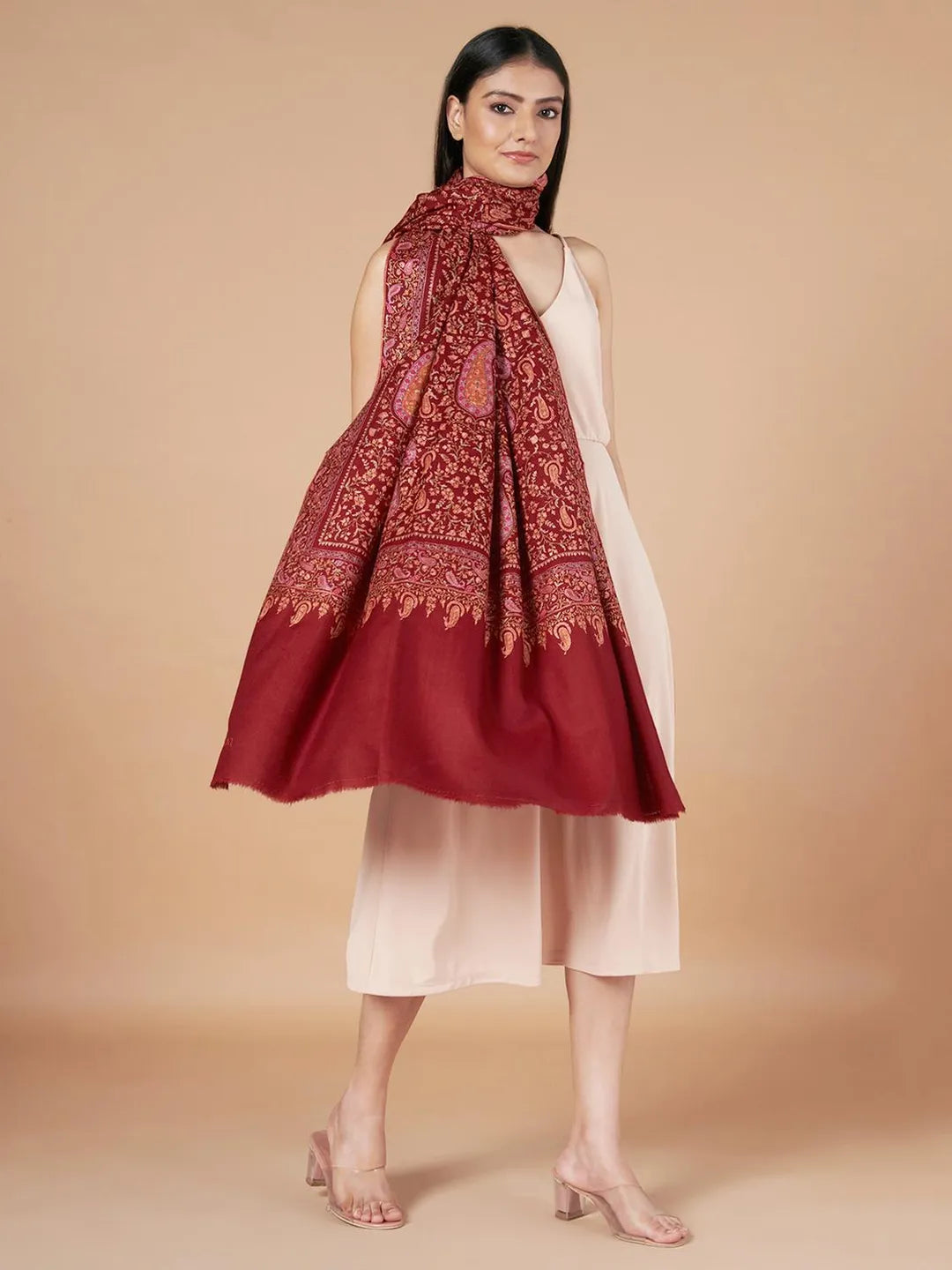 Classic Handloom Pashmina Shawl Jama Embroidery in Maroon
