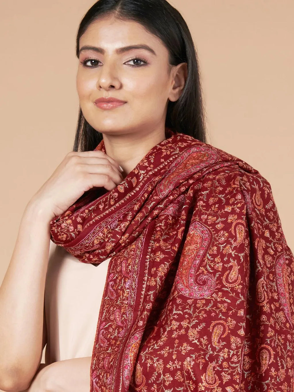 Classic Handloom Pashmina Shawl Jama Embroidery in Maroon