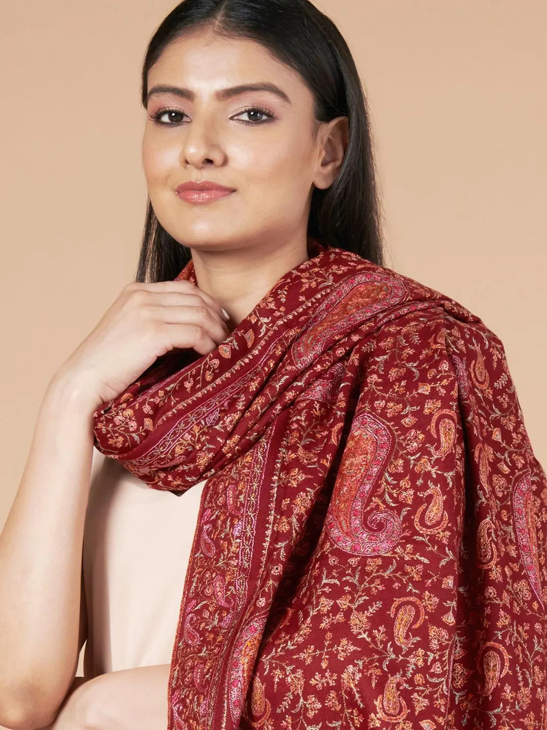 Classic Handloom Pashmina Shawl Jama Embroidery in Maroon