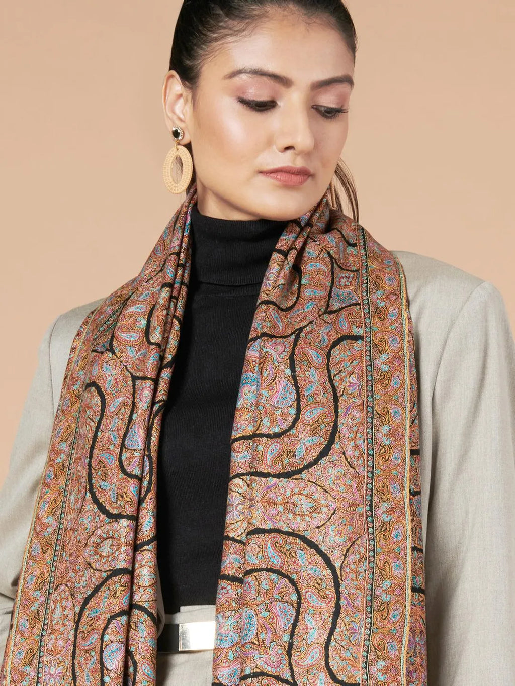 Classic Handloom Pashmina Shawl Jama Embroidery in Black