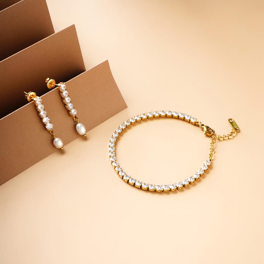 Diamond Affair Bracelet & Pearl Drop Diamond Earrings Combo Set