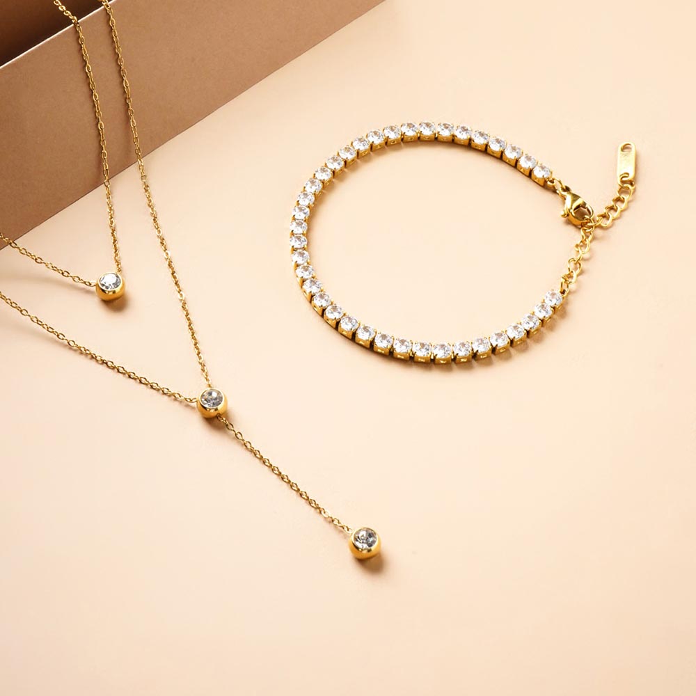 Diamond Affair Bracelet & Two Layered Solitaire Drop Necklace Combo Set