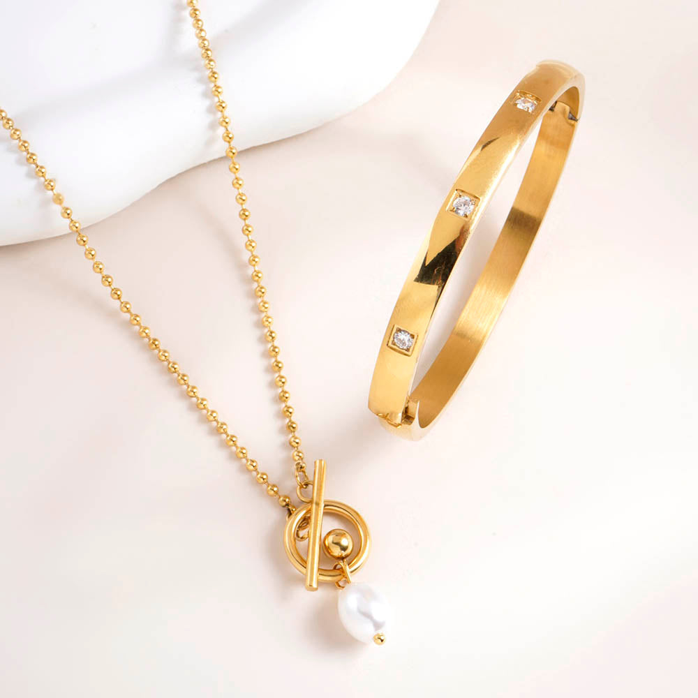 Dazzling Stone Bangle Bracelet & Dainty Beaded Pearl Chain Combo Set