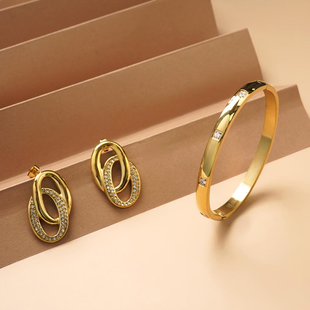 Dazzling Stone Bangle Bracelet & Elegant Interlinked Stud Earrings Combo Set